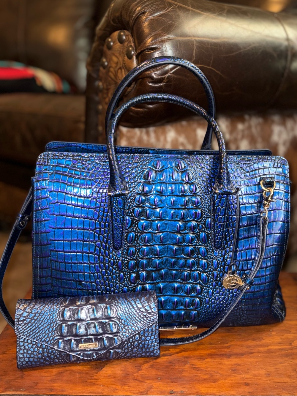 Brahmin Metallic Blue Croc-Embossed Tote with Wallet - Picture 1 of 9